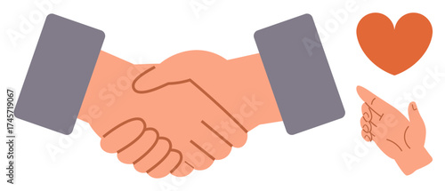 Handshake representing deal or collaboration, hand gesturing okay sign, and heart symbol for kindness or empathy. Ideal for teamwork, support, agreement, partnership, trust, care encouragement