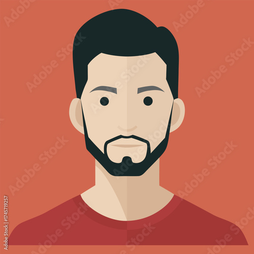 Flat design portrait of a young man with dark hair and a serious expression, illustration of a young Asian man a serious expression, wearing a dark blue t-shirt against a burnt orange background.
