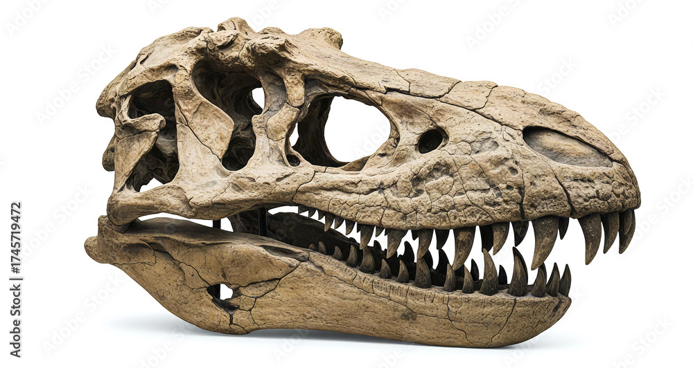 Fototapeta premium Realistic T. Rex Skeleton Head Close-up Isolated on White Background