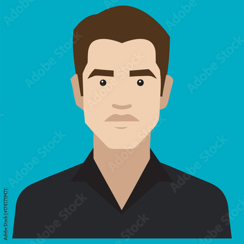 Flat design portrait of a young man with dark hair and a serious expression, illustration of a young Asian man a serious expression, wearing a dark blue t-shirt against a burnt orange background.