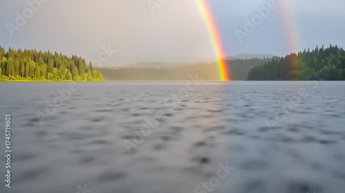 Serene lake view with double rainbow and greenery