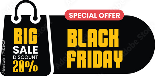 Black friday big sale special offer discount 20 shopping bag graphic isolated on white background