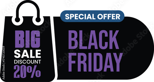 Black friday big sale special offer discount 20 purple text shopping bag graphic isolated on white background