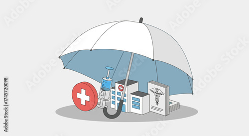 Medical insurance concept: Umbrella protects hospital, syringe, medicine, and medical symbol.