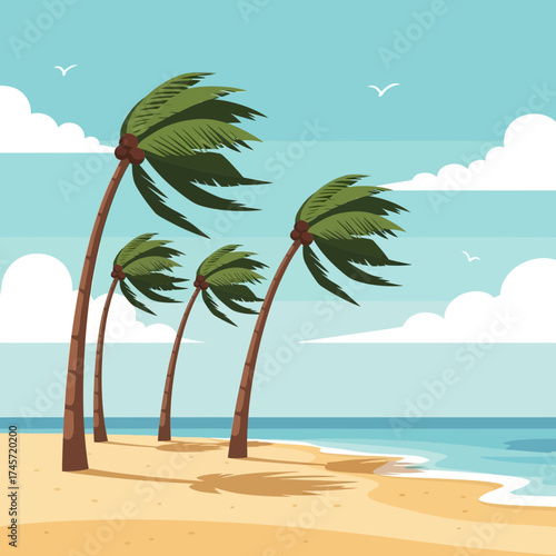 Palm trees bending in strong wind on a beach with ocean and sky in the background.