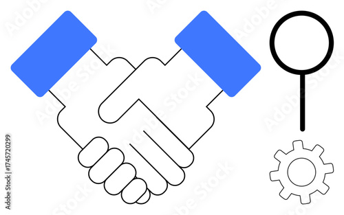 Two hands shaking signify unity, collaboration, and partnership while a magnifying glass and gear symbolize analysis, innovation, and progress. Ideal for teamwork, cooperation, research, strategy