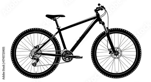 Side view of a black mountain bike with detailed spokes and gears, isolated on a white background.