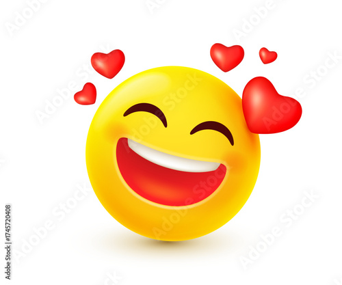 Vector illustration of enamored yellow emoji with heart. Happy emotion smile face in love. 3d cartoon style design of emoticon with heart. Funny smile character icon. Happy and romantic mood