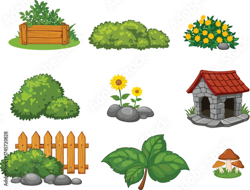 Garden element illustration set, bench, bushes, sunflowers, mushrooms, shed, picket fence, hand-drawn vector, white background, outdoor decor