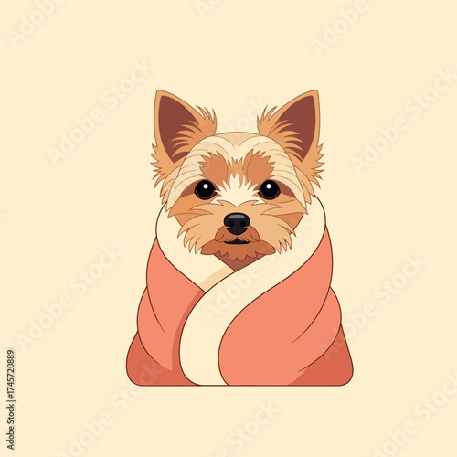 A cute Yorkshire Terrier dog wrapped comfortably in a soft, pink blanket.