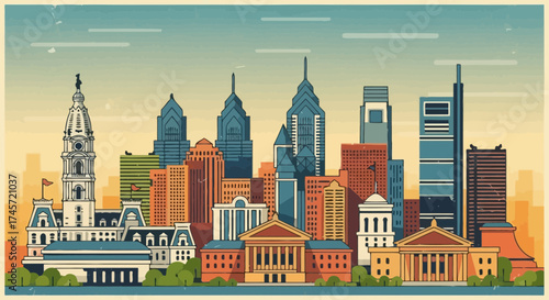 Illustration of a city skyline featuring various buildings and skyscrapers under a cloudy sky.