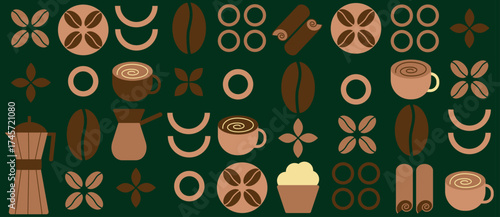 Geometric coffee pattern in minimalist style.  Coffee shop icons, coffee cup, coffee machine, coffee beans, types of coffee.