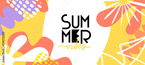 Vector creative summer illustration with tropical leaves. Abstract geometric template with shape and line. Flat seasonal cartoon style design of background with summer text