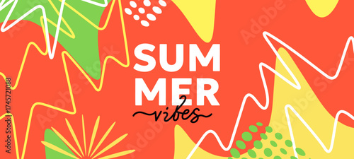 Vector creative red and yellow summer illustration. Geometric template with abstract shape and line. Flat tropical cartoon style design of background with summer text