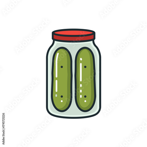 Jar of pickles with green cucumbers and red lid design  