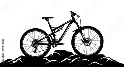 A black and white illustration of a mountain bike resting on a rocky terrain, showcasing its design.