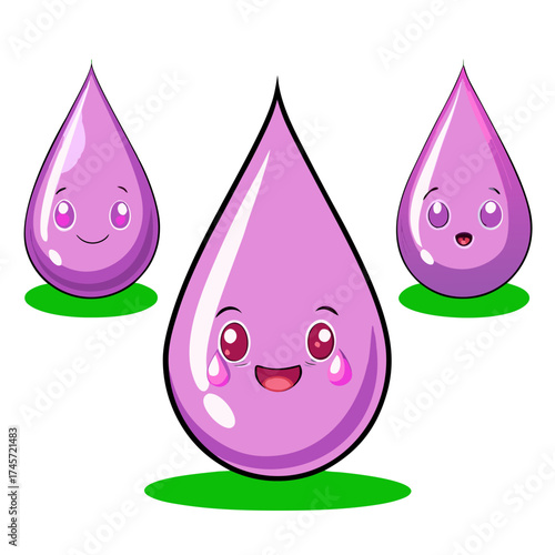Three adorable cartoon purple water droplets with happy expressive faces and green bases on a black background