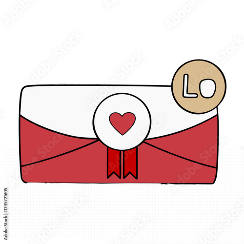 A hand drawn illustration of a red and white envelope with a heart and the word love