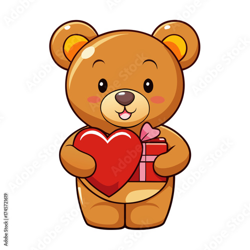 Adorable cartoon teddy bear holding a shiny red heart and a pink gift box with a bow perfect for expressing love and affection