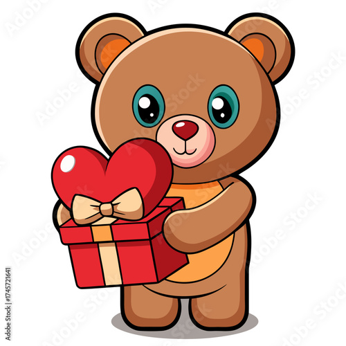 Adorable cartoon teddy bear holding a red heart shaped gift box with a bow perfect for valentine s day