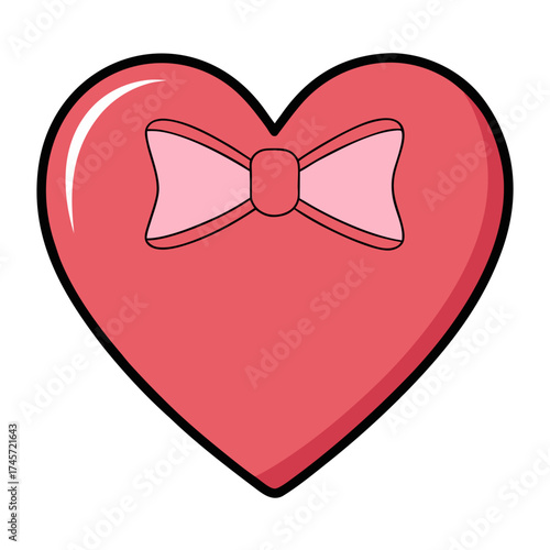 A simple illustration of a pink heart shape adorned with a light pink bow presented against a solid black background