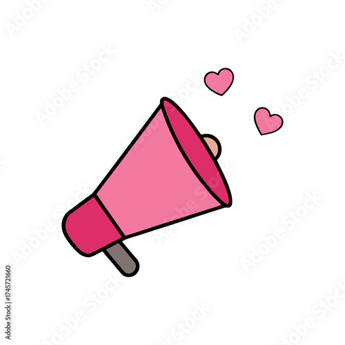 Pink megaphone with hearts emanating symbolizing a joyful announcement or declaration of love and affection