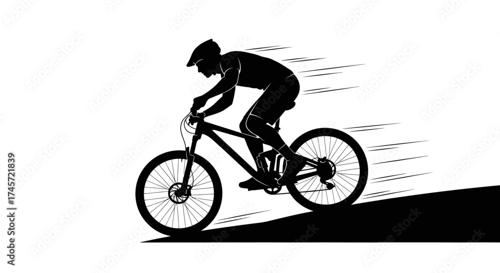 Fototapeta premium Silhouette of a cyclist riding a mountain bike downhill at high speed, with motion lines indicating movement.