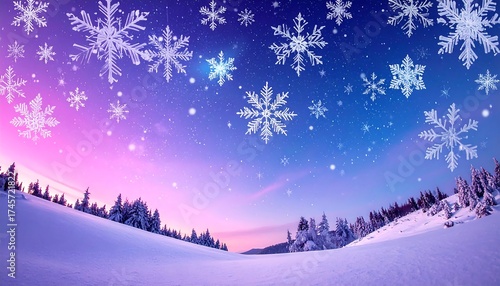 Winter landscape with snowflakes and colorful sky