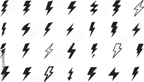 Lightning bolt icon set. Flash symbol, thunderbolt, blitz lightnings strike sign. Electric energy black silhouettes, power concept. Vector isolated dynamic sports logo set.