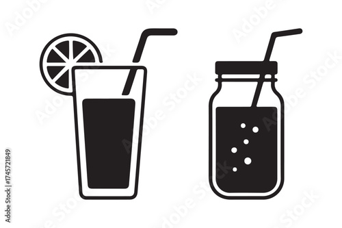 Two refreshing drinks with straws and a lemon slice icon