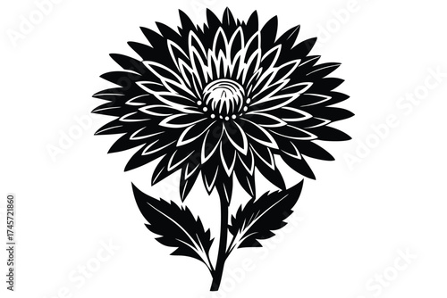 Stylized Black and White Floral Vector Design with Leaves and Stem Illustration