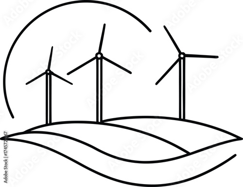 Three wind turbines on rolling hills with curved lines above wind farm renewable energy