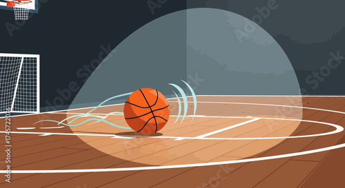 Basketball bouncing on a court, with motion lines indicating movement, near a basketball hoop.