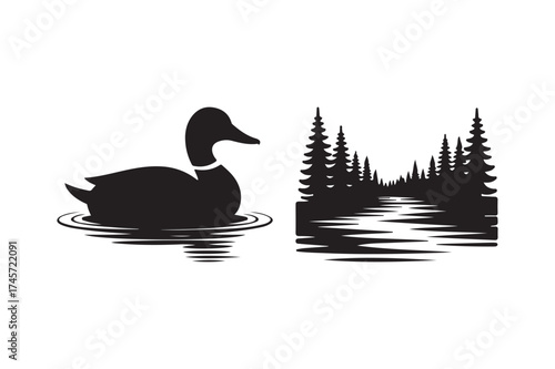 Silhouette of a duck swimming in water next to a forest landscape