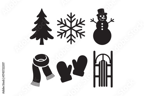 Winter holiday icons silhouette collection for crafts and design