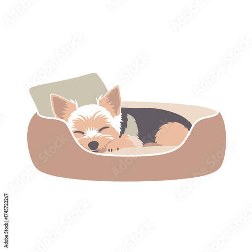 A small dog sleeps peacefully in a cozy dog bed with a pillow, resting comfortably.
