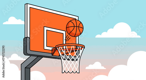 A basketball about to go through the hoop, set against a cloudy sky backdrop.