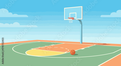 A basketball rests on an outdoor court with a hoop and backboard, under a blue sky with clouds.