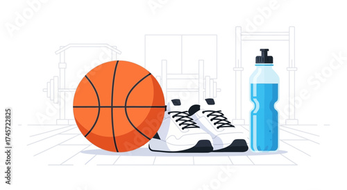 Basketball, sneakers, and a water bottle sit in front of gym equipment, suggesting a workout or sports activity.