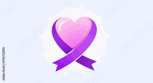 A pink heart with a purple ribbon wrapped around it, set against a light blue background.