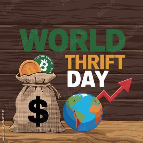 Vector art of world thrift day concept with a money bag, globe, and rising arrow, representing global financial growth and saving