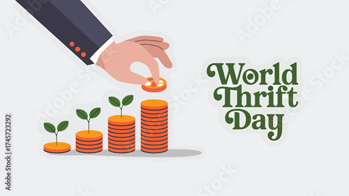 Vector art of world thrift day graphic showing a hand stacking coins with growing plants, symbolizing financial growth and investment