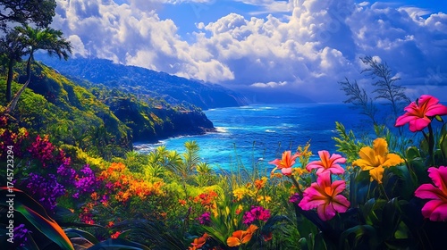 Vibrant tropical paradise with lush flowers and ocean view