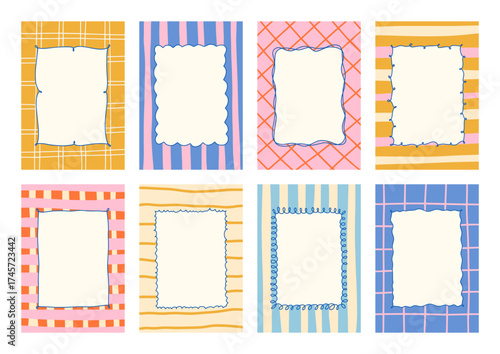 Whimsical frames, plaid pattern. Vintage doodle wave borders with checkered and geometric background for retro wedding and birthday invitation, Christmas greeting card. Vector set