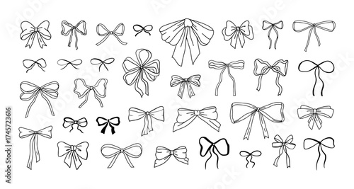 Doodle bow. Vintage sketch gift box bow ribbon, cute birthday party, wedding card invitation design, hand drawn bowtie for present retro graphic. Vector isolated set