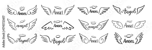 Wings hand drawn lettering Angel, halo between sketch wings, modern tattoo design, celestial sign and freedom, heaven symbol. Vector isolated set
