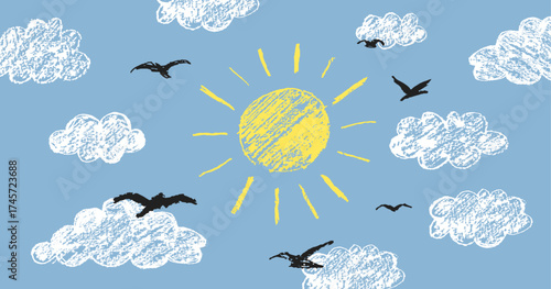 Hand drawn birds in blue sky with clouds and sun. Crayon art drawing, kids color chalk scribble. Kindergarten doodle sketch on chalkboard. Vector summer nature background