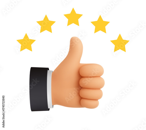 Five star rating five star rating thumb up. 3D like hand gesture, customer positive feedback. 5 golden stars rate, excellent experience, satisfaction symbol. Vector business concept