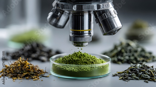 Green powder sample in petri dish under microscope with dried green tea leaves arranged on lab table. Laboratory setup for scientific research pharmaceutical.