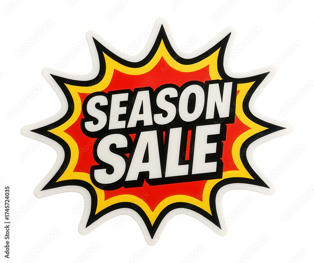 Fototapeta premium Bold explosion-shaped sticker with SEASON SALE in striking lettering, vibrant retail discount promotion on transparent background.